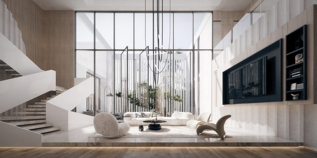 Moderna casa monocromatica con terrazza e gradini tranquilli e accoglienti